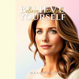 A beautiful 6x9 inch book cover titled 'Believe in Yourself' featuring a realistic portrait of a woman who embodies a blend of Barbra Streisand and Jennifer Aniston