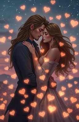 A dreamy, ethereal scene featuring two lovers intertwined in a beautiful embrace, surrounded by an infinite number of glowing, floating hearts