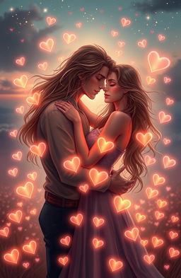 A dreamy, ethereal scene featuring two lovers intertwined in a beautiful embrace, surrounded by an infinite number of glowing, floating hearts
