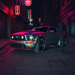An overhead angle view of a 2006 Ford Mustang reimagined as a captivating rat rod, featuring a strikingly aggressive widebody kit that accentuates its bold design