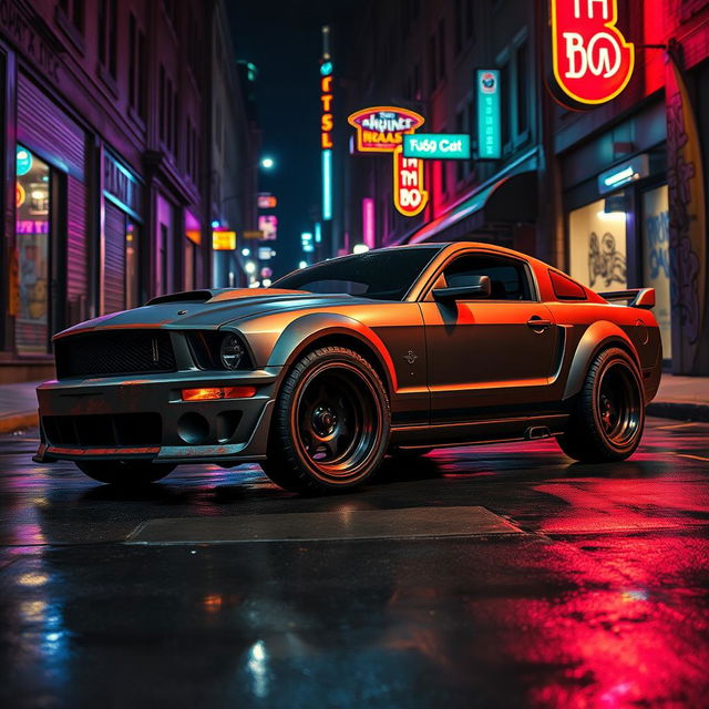 An overhead angle view of a 2006 Ford Mustang reimagined as a captivating rat rod, featuring a strikingly aggressive widebody kit that accentuates its bold design