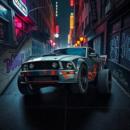 An overhead angle view of a 2006 Ford Mustang reimagined as a captivating rat rod, featuring a strikingly aggressive widebody kit that accentuates its bold design