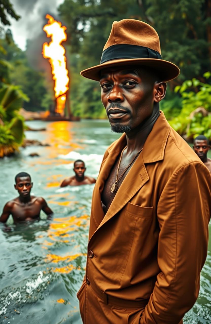 Four bare-chested black men swimming in a lush, vibrant river surrounded by flowing greenery and trees