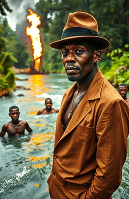 Four bare-chested black men swimming in a lush, vibrant river surrounded by flowing greenery and trees