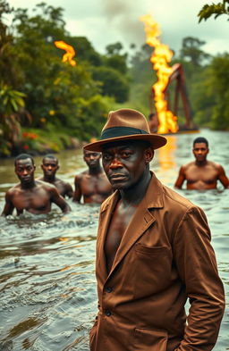 Four bare-chested black men swimming in a lush, vibrant river surrounded by flowing greenery and trees