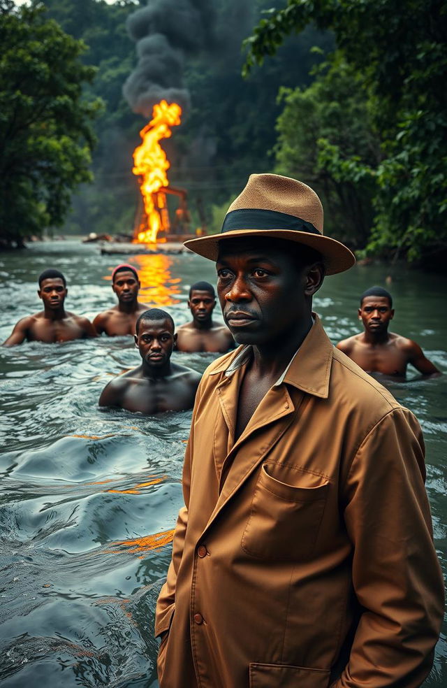 Four bare-chested black men swimming in a lush, vibrant river surrounded by flowing greenery and trees