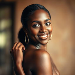 A stunning portrait of an ebony woman, exuding confidence and grace, with rich, dark skin glowing under soft lighting