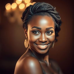 A stunning portrait of an ebony woman, exuding confidence and grace, with rich, dark skin glowing under soft lighting