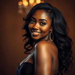 A stunning portrait of an ebony woman, exuding confidence and grace, with rich, dark skin glowing under soft lighting