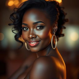 A stunning portrait of an ebony woman, exuding confidence and grace, with rich, dark skin glowing under soft lighting