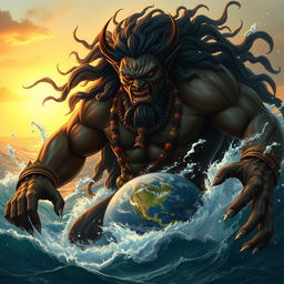 A powerful and massive demon named Hiranyaksha, depicted in an ancient Indian mythological style