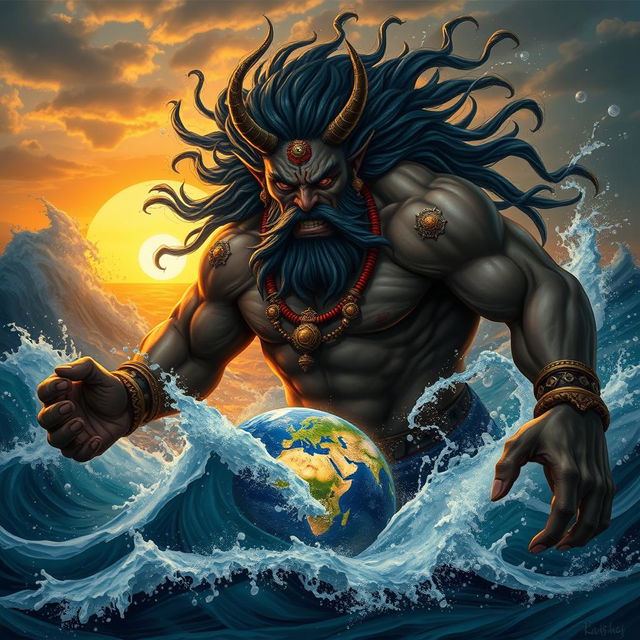 A powerful and massive demon named Hiranyaksha, depicted in an ancient Indian mythological style