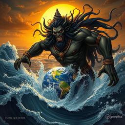 A powerful and massive demon named Hiranyaksha, depicted in an ancient Indian mythological style