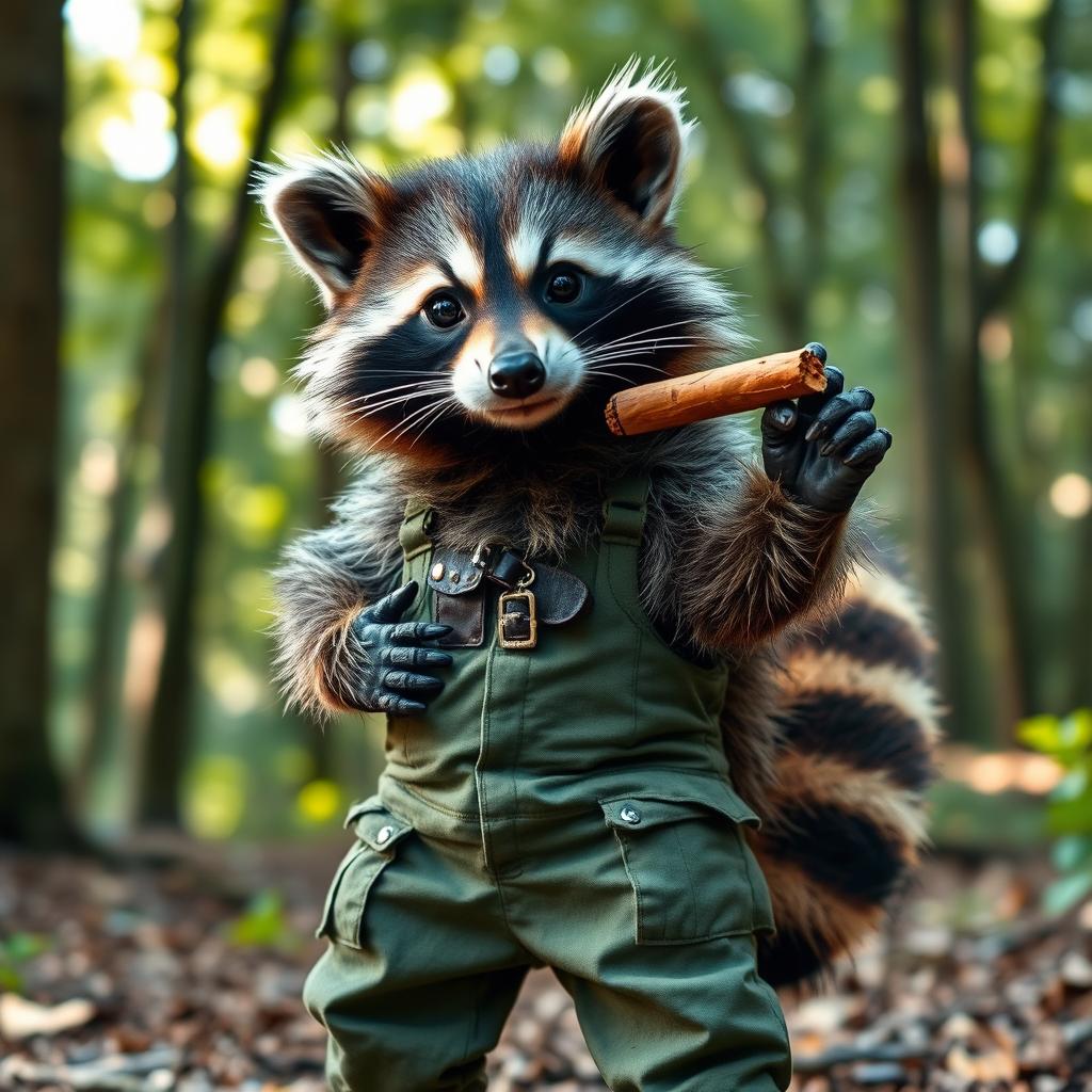 A raccoon dressed in military pants, exuding a tough and playful vibe, holding a cigar and looking directly at the viewer with a confident expression