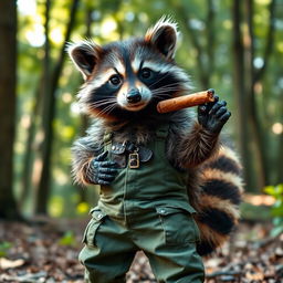 A raccoon dressed in military pants, exuding a tough and playful vibe, holding a cigar and looking directly at the viewer with a confident expression