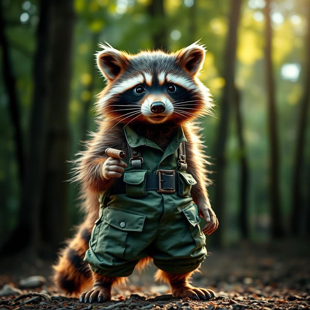 A raccoon dressed in military pants, exuding a tough and playful vibe, holding a cigar and looking directly at the viewer with a confident expression