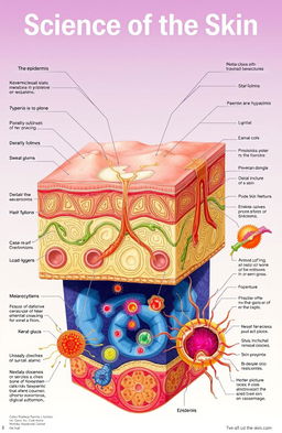 A detailed illustration showcasing the science of the skin, featuring labeled layers such as the epidermis, dermis, and hypodermis