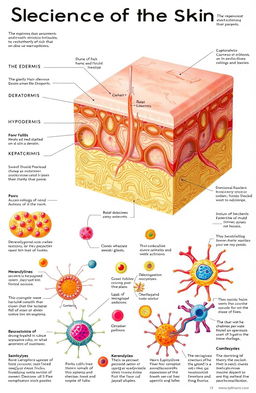 A detailed illustration showcasing the science of the skin, featuring labeled layers such as the epidermis, dermis, and hypodermis