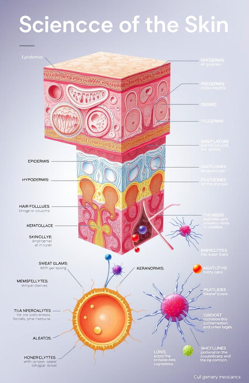 A detailed illustration showcasing the science of the skin, featuring labeled layers such as the epidermis, dermis, and hypodermis