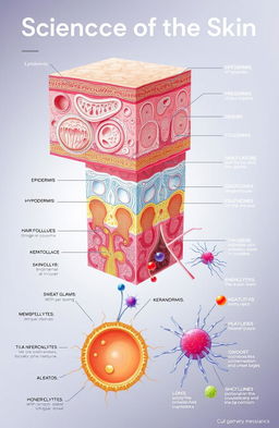 A detailed illustration showcasing the science of the skin, featuring labeled layers such as the epidermis, dermis, and hypodermis