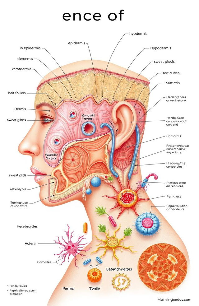 A detailed illustration showcasing the science of the skin, featuring labeled layers such as the epidermis, dermis, and hypodermis