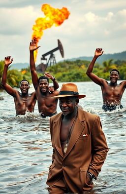 Four bare-chested black men enthusiastically swimming in a river, showcasing their joyful expressions and active movements