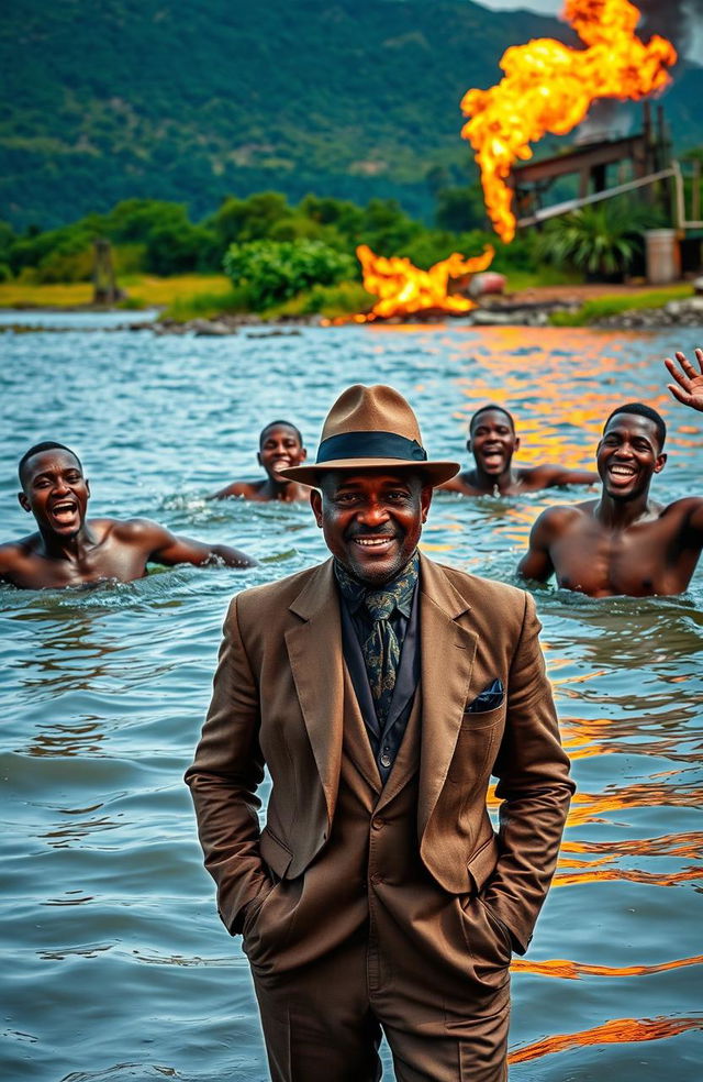 Four bare-chested black men enthusiastically swimming in a river, showcasing their joyful expressions and active movements