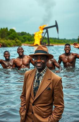 Four bare-chested black men enthusiastically swimming in a river, showcasing their joyful expressions and active movements