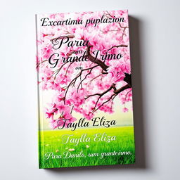 A captivating book cover featuring a stunning cherry blossom tree, with its soft pink petals and leaves gracefully falling onto a vibrant, lush green lawn