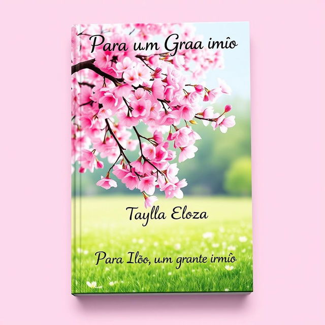 A captivating book cover featuring a stunning cherry blossom tree, with its soft pink petals and leaves gracefully falling onto a vibrant, lush green lawn