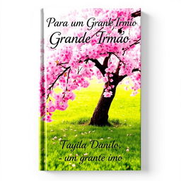 A captivating book cover featuring a stunning cherry blossom tree, with its soft pink petals and leaves gracefully falling onto a vibrant, lush green lawn