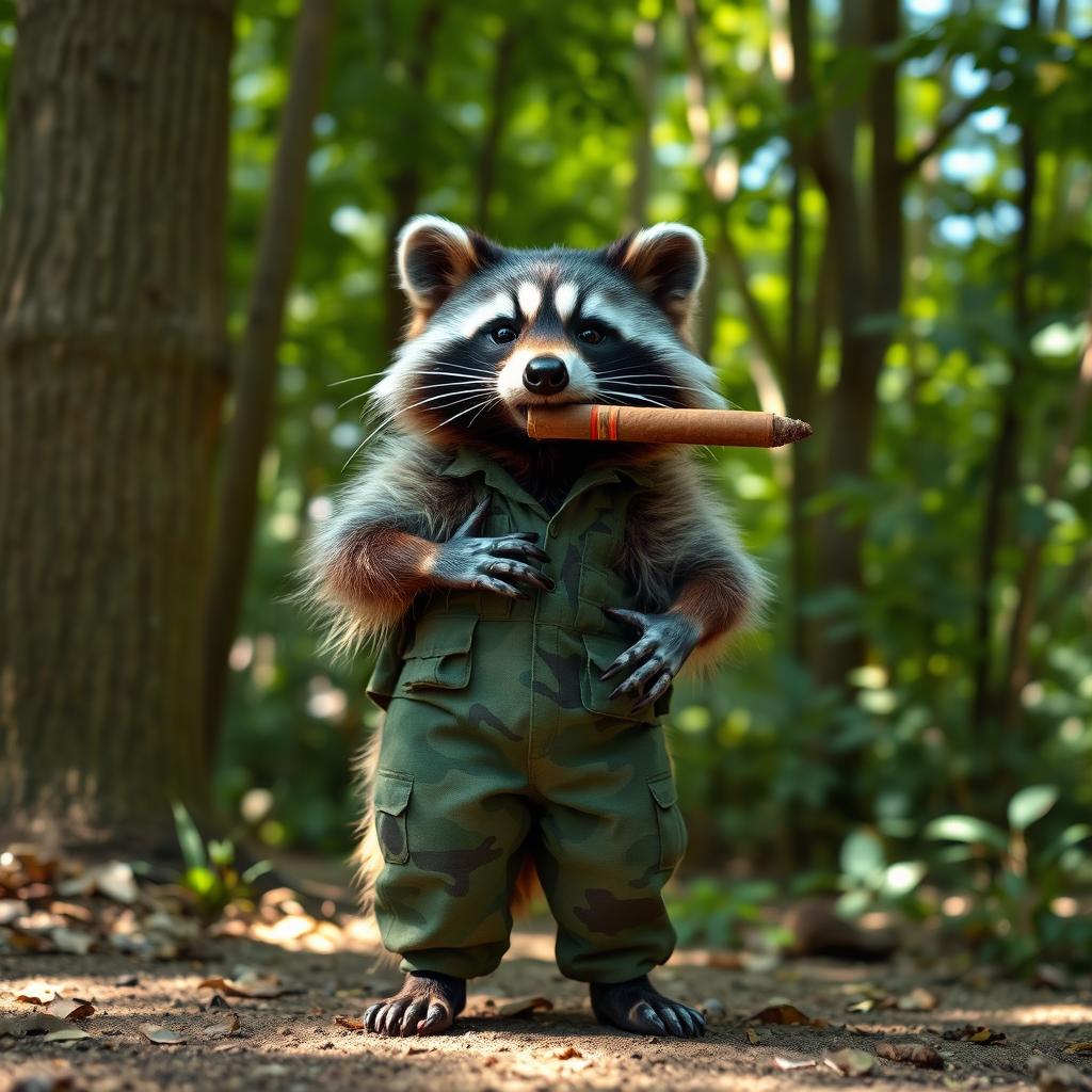 A charismatic raccoon dressed in military camouflage pants, confidently smoking a cigar