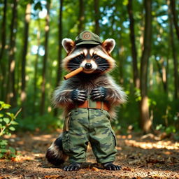 A charismatic raccoon dressed in military camouflage pants, confidently smoking a cigar