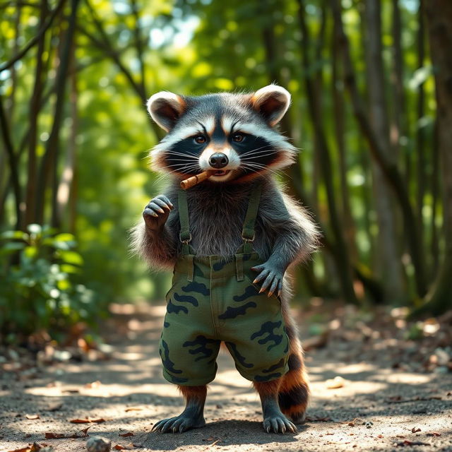 A charismatic raccoon dressed in military camouflage pants, confidently smoking a cigar