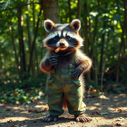 A charismatic raccoon dressed in military camouflage pants, confidently smoking a cigar