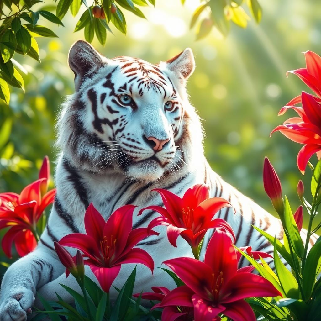 A majestic white tiger with piercing blue eyes, its fur gleaming in the sunlight, is surrounded by vibrant red lilies