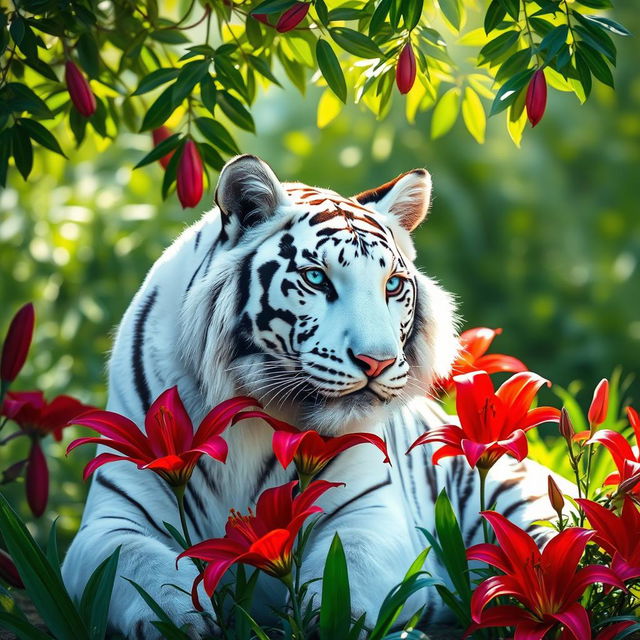 A majestic white tiger with piercing blue eyes, its fur gleaming in the sunlight, is surrounded by vibrant red lilies