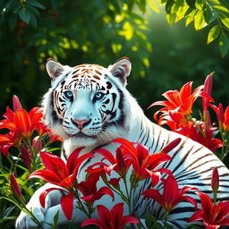 A majestic white tiger with piercing blue eyes, its fur gleaming in the sunlight, is surrounded by vibrant red lilies