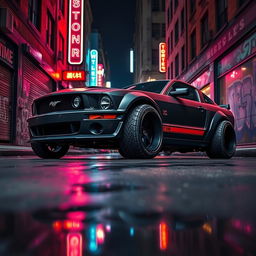 A higher angle view of a 2006 Ford Mustang reimagined as an impressive rat rod, showcasing a very aggressive widebody kit that accentuates its powerful and distinct design