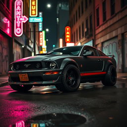 A higher angle view of a 2006 Ford Mustang reimagined as an impressive rat rod, showcasing a very aggressive widebody kit that accentuates its powerful and distinct design