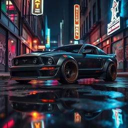 A higher angle view of a 2006 Ford Mustang reimagined as an impressive rat rod, showcasing a very aggressive widebody kit that accentuates its powerful and distinct design