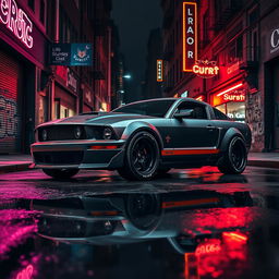 A higher angle view of a 2006 Ford Mustang reimagined as an impressive rat rod, showcasing a very aggressive widebody kit that accentuates its powerful and distinct design