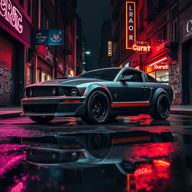 A higher angle view of a 2006 Ford Mustang reimagined as an impressive rat rod, showcasing a very aggressive widebody kit that accentuates its powerful and distinct design