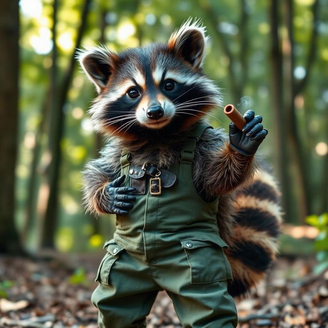 A cartoonish raccoon character, wearing military-style green overalls and black gloves, holding a cigar confidently, standing in a lush forest setting