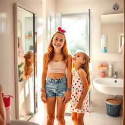 A teenage girl in a modern bathroom, standing in front of a mirror with a playful expression, showcasing her trendy outfit and stylish accessories