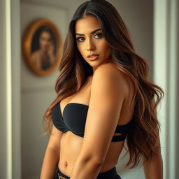 A stunning and confident woman styled in an eye-catching and revealing outfit that highlights her deep neckline and emphasizes her ample figure