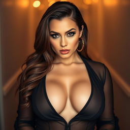 A gorgeous and confident woman styled in a revealing outfit that beautifully exposes her deep neckline, showcasing her voluptuous figure