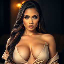 A gorgeous and confident woman styled in a revealing outfit that beautifully exposes her deep neckline, showcasing her voluptuous figure