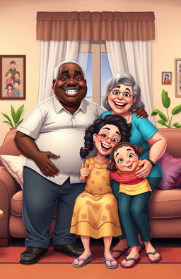 A family portrait capturing a joyful moment in their cozy living room, featuring an elderly black man with a warm smile, his very fat middle-aged wife with a cheerful demeanor, their adult daughter who radiates happiness, and their 10-year-old daughter with a playful expression