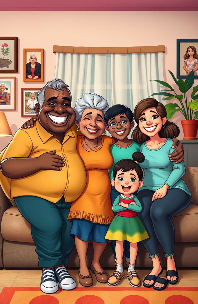 A family portrait capturing a joyful moment in their cozy living room, featuring an elderly black man with a warm smile, his very fat middle-aged wife with a cheerful demeanor, their adult daughter who radiates happiness, and their 10-year-old daughter with a playful expression